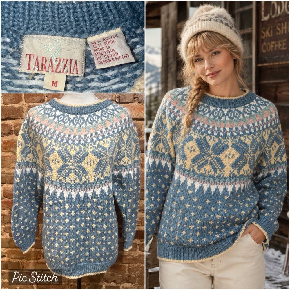Vintage Tarazzia Pullover Fair Isle Sweater Sz M Blue Pink Tan Scandi Cabin Core